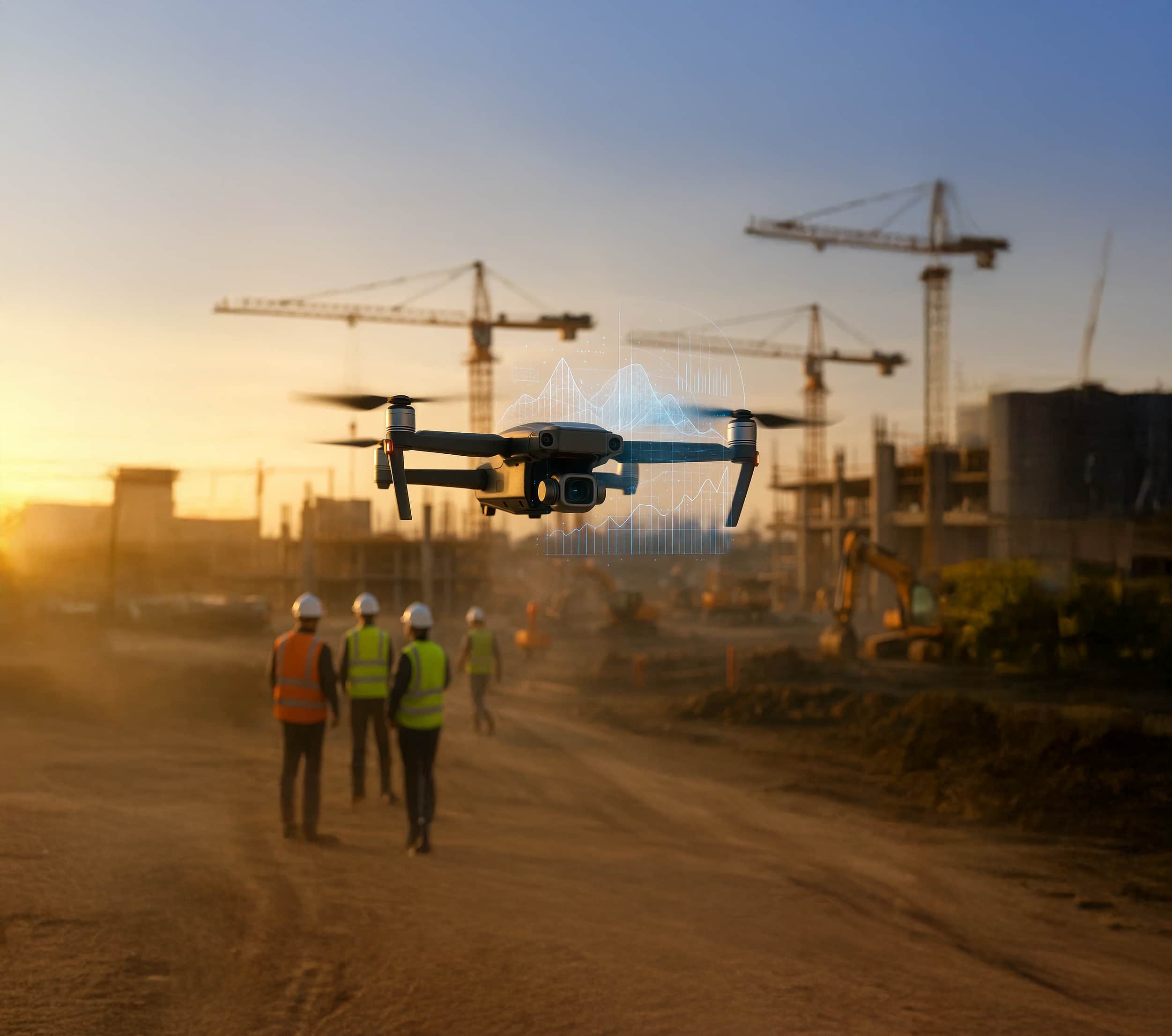 רחפן מרחף מעל אתר בנייה פעיל בשעת שקיעה, עם גרף נתונים שקוף המדמה בינה מלאכותית (AI) ו־ConTech. ברקע נראים מנהלי פרויקטים עם אפודים זוהרים, מנופים וכלים הנדסיים. סמל לחדשנות, טכנולוגיה וניהול חכם בענף הבנייה בישראל